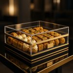 خرید باکس شیرینی پلکسی گلاس طلایی – جلوه‌ای لوکس برای پذیرایی و هدیه‌های خاص