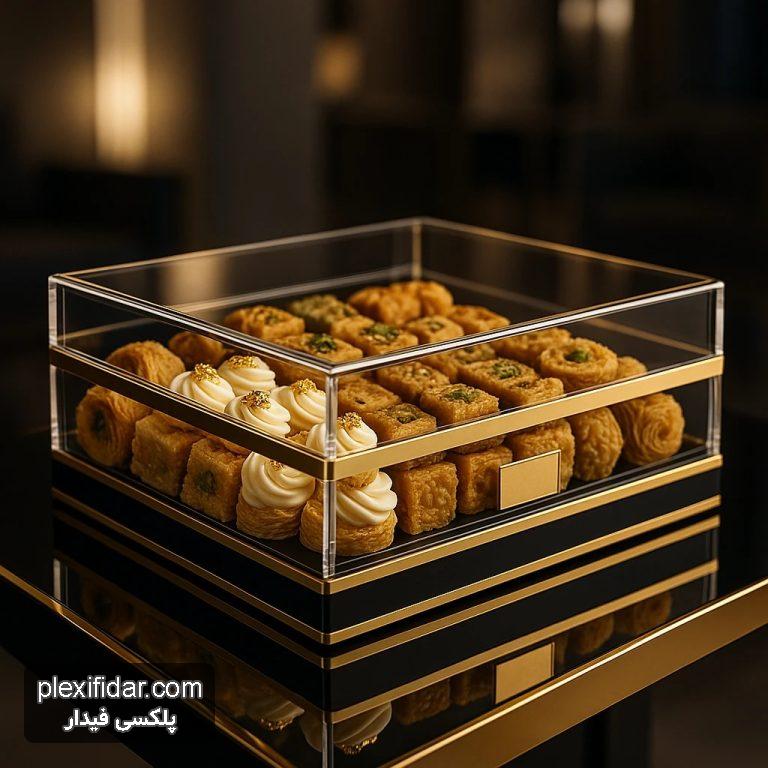 خرید باکس شیرینی پلکسی گلاس طلایی – جلوه‌ای لوکس برای پذیرایی و هدیه‌های خاص